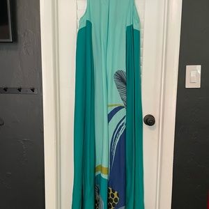 Teal aqua maxi graphic printed dress